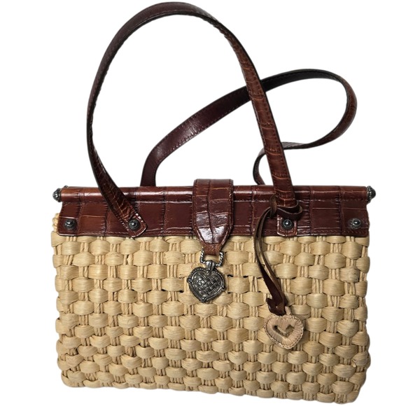 Brighton Handbags - Brighton Woven Straw Satchel Womens Purse Leather Trim Ruth Style Heart Charm